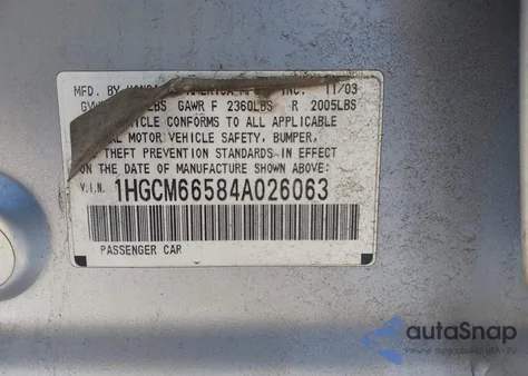 2004 Honda Accord 3.0 Ex from USA, damaged, VIN 1HGCM66584A026063